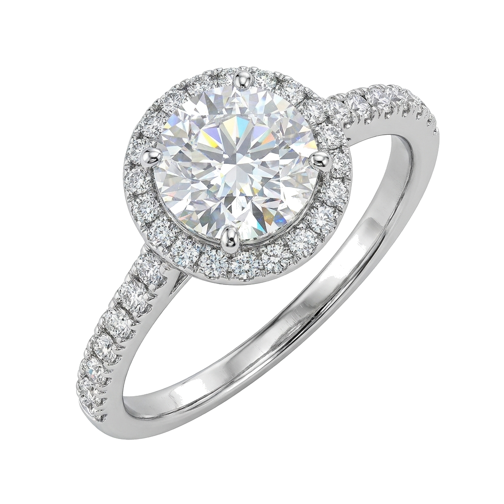 Hyperrealistic halo solitaire engagement ring render